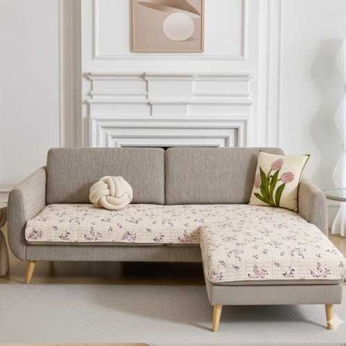 Image of HOMETHREADS Anti-Skid Sofa Protector Mat: Premium Printed Cotton Slipcover with Strong PVC Non-Slip Backing, (Beige Purple, 2 Seater | 140x75cm)