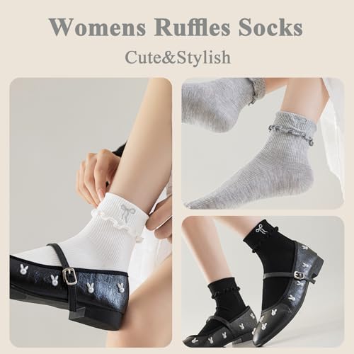 Mcool Mary Women's Ankle Socks Thin Ruffle Casual Cotton Frilly Breathable Cute Knit Lettuce Socks Embroidery Bow 3 Pack Size 5-94