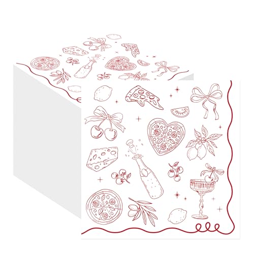 Hokinaa Italian Pizza Party Decorations - 50 Pcs That's Amore Paper Disposable Napkins Sets for Bridal Baby Shower Birthday Wedding, Red Scalloped Decorative Dinner Table Decor Decor Supplies Bulk