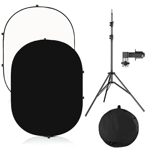 YUOCU Telón de fondo blanco y negro Chromakey de 1,5 x 2 m con soporte de 2,4 m, panel de fondo plegable reversible 2 en 1 para estudio de fotografía, transmisión en vivo, grabación de video