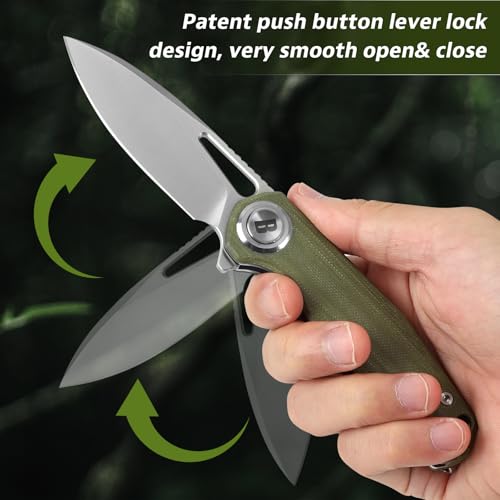 Image of Pocket Folding Knife,3.15 inch D2 Steel Blade,Green G10 Handle,Push Button Lever Lock,Pocket Knife with Pocket Clip for Outdoor,Survival,EDC