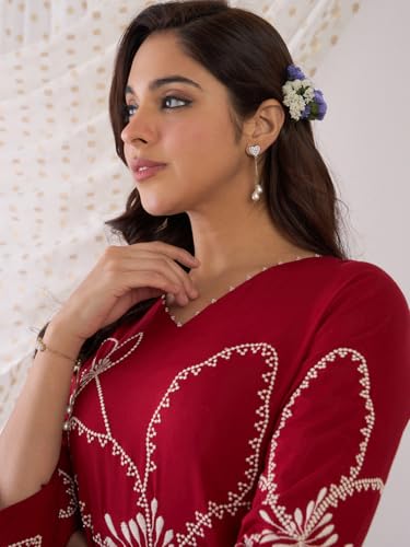 Image of INDO ERA Women's Straight Viscose Rayon Floral Embroidered Kurta & Palazzo Set (IESTR9981)