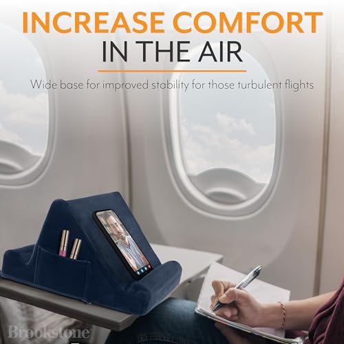 Image of Brookstone Tablet Lap Cushion - Tablet /Phone /Ebook Holder for Bed, Flights, and Travel, Memory Foam Lap Desk for Reading and Hands Free Viewing, Compatible iPad and Kindle Accessories, Blue