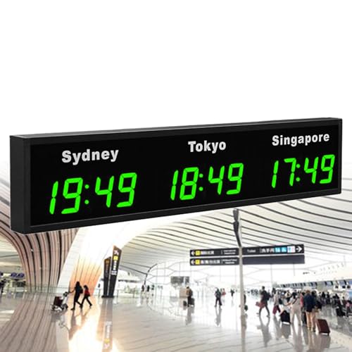 Grande Orologio Mondiale Digitale a LED, Orologio Digitale a Colori con Fusi Orari Multipli, Orologio da Parete con 3/4/5 Città, per Hotel/Aeroporti/Multinazionali,Green-3City