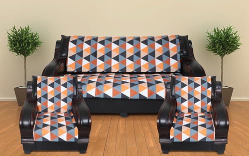 Image of 5 Seater Sofa Cover | Universal Non-Slip Fully Covered Protector for 3+1+1 Sofa Set | Durable Slipcover for Living Room Modern Geometric (Orange-Black Harmony)