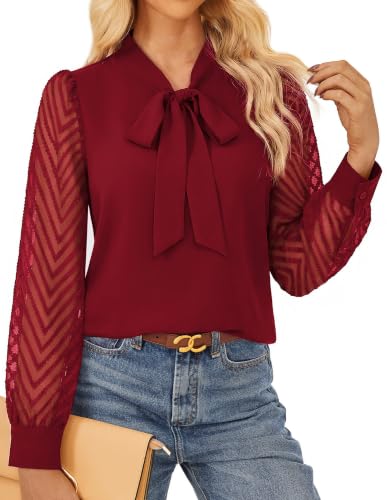 GRACE KARIN Women Bow Tie Neck Tops 2026 Fall Lace Long Sleeve Blouse Business Dressy Casual Shirt Work Office Formal Dark Wine Large