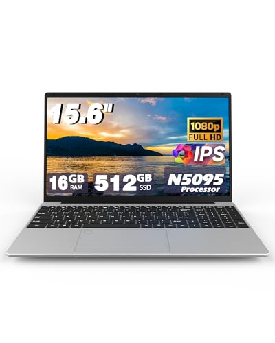 ノートパソコン、15.6インチLaptops 1080P IPSスクリーン、N5095プロセッサ4C 4T最大2.9GHz、16GB RAM 512GB SSD、指紋認証バックライトキーボード付きWindowsノートパソコン、WiFi、USB 3.0、ウェブカメラ、HDMI