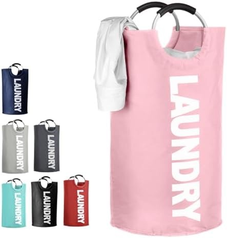 IHOMAGIC 91L Collapsible Laundry Bin Independent Fabric Laundry Hamper with Comfortable Handle Laundry Washing Bin with Smiley Pattern Clothes Organizer for Home, Travel 15x15x28.3 in (Navy Blue)
