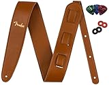 Fender Vegan Leather Guitar Strap Brown Bundle with Strap Blocks and Picks