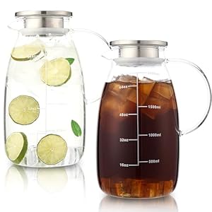 2 Pack 70 oz Glass Pitcher with Lid and Handle for Fridge, Iced Tea and Coffee Carafe Beverage Serveware, Glass Carafe for Hot/Cold Water