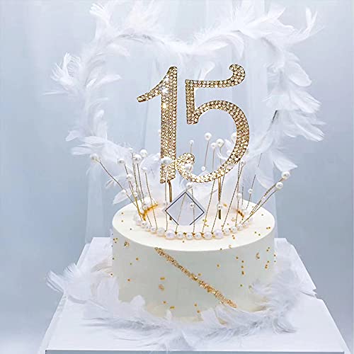 Quinceanera Cake Topper, 15Th Cake Topper With Sparkly Crystal Rhinestone, Glaring Golden Diamond Birthday Wedding Anniversary Cake Decoration Party Supply #TOP4