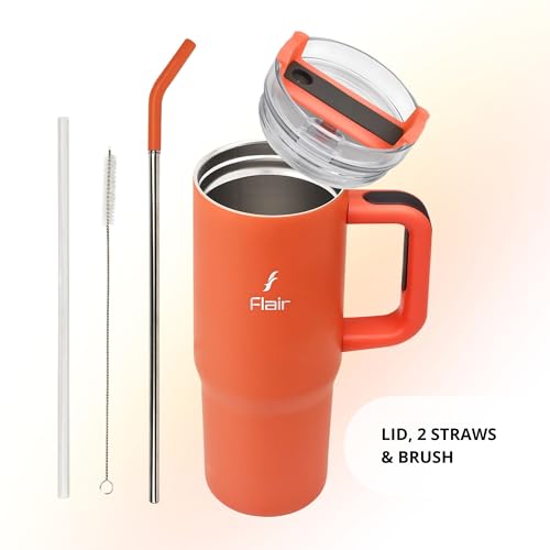 Image of FLAIR Vogue Insulated Tumbler with Lid, 2 Straws & Brush-750ml | Stainless Steel Sipper with Handle | Hot & Cold | Car Cupholder Friendly | Travel, Gym, Gift (Mandarin Orange)