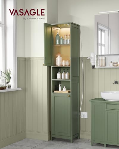 Image of VASAGLE Tall Bathroom Cabinet with Lights, Slim Freestanding Bathroom Storage Cabinet with Adjustable Shelves, for Small Spaces, Modern, 15.7 Inches Wide, Forest Green UBBC766C01