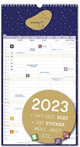 Calendrier mural 2023 à 5 colonnes, signe du zodiaque, planificateur familial 2023 et oct-déc 2022, calendrier familial 23x43 cm, planificateur pour la famille 2022 2023, vacances, anniversaire Cover