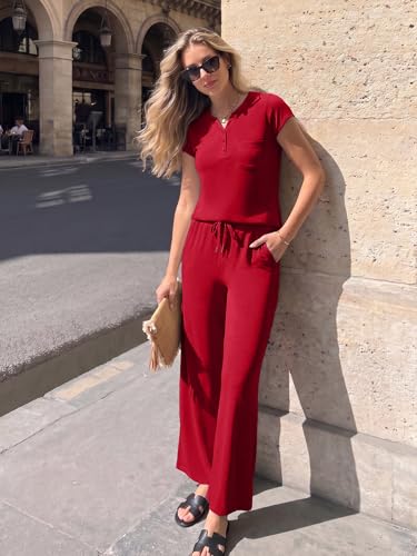 Casly Lamiit Womens 2 Piece Dressy Casual Cruise Outfits Summer Workout Sets V Neck Cap Sleeve Vacation Travel Beach Airport Outfits 2026 Red XS — view 2