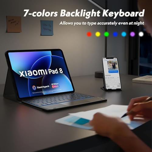 Image of HOM Tri-Fold 7-Colour Backlight Detachable Wireless Bluetooth Keyboard with Trackpad /Touchpad Tablet Cover Case for Xiaomi Mi Pad 8 /8 Pro Tablet 11.2 inch