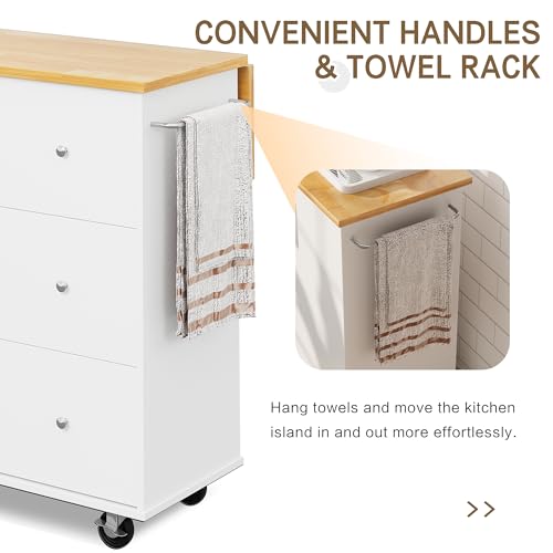 Image of SUNLEI Kitchen Island on Weels with Storage Cabinet & Foldable Drop Leaf, Buffet Sideboard Cabinet, Cart Handle for Towel Rack, Drop Leaf, Portable Islands for Kitchen (Cream White, 39.7-INCH)