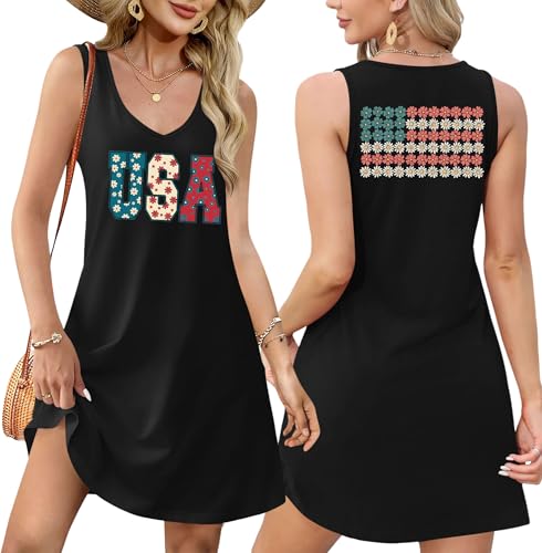 Image of LHBNK 4th of July Dress for Women: American Flag Tank Dresses Star Striped Splicing Loose V Neck Sundresses