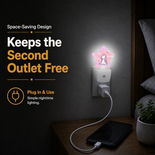 Image of Star Night Light Plug in, Pink Unicorn Dusk to Dawn Sensor Night Light, Soft Glow Lamp for Kids Bedroom Nursery Hallway Bathroom, Energy Saving Compact Design