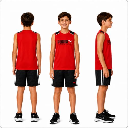 Image of PUMA Active Boys Shorts Set - 2 Piece Dry Fit Sleeveless Basketball Boys Athletic Shirts and Boy Shorts Matching Set (4-16)