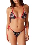 Alyweatry Women Two Piece String Bikini Set Floral Leopard Print Halter Side Tie Triangle Thong Swimsuits Bathing Suit (Cherry-Black, S), Small