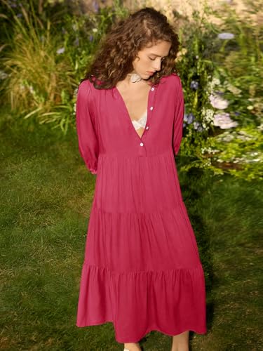 Image of Wenrine Womens Casual 3 /4 Sleeve Shirt Dress Button Down V Neck Tiered Collared Flowy Maxi Dress
