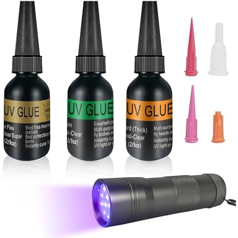 Riverruns UV Clear Glue Three Glue Formula Thick,Thin and Super Flew +12 LED Power Light Fly Tying for Building Flies Flies Heads Bodies and Wings Tack Free Special Introductory Sale! Cover
