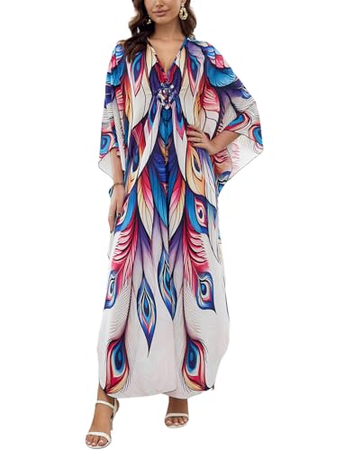 Image of KECVOT Kaftan Dresses for Women Plus Size Batwing Sleeve Caftans Long Bathing Suit Cover Up Maxi Beach Dress Loungewear