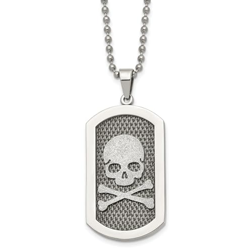 Brushed Skull And Crossbones Dog Tag Pendant And Necklace In Stainless Steel 55 mm x 25 mm
