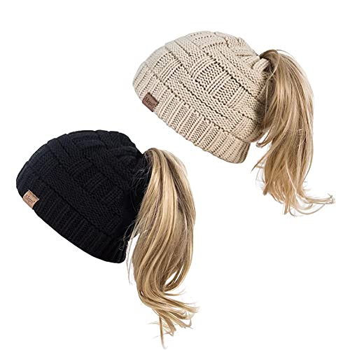 Alepo Damen-Beanie-Mütze mit Pferdeschwanz-Loch, Schwarz und Beige, Schwarz / Beige, Einheitsgröße Cover