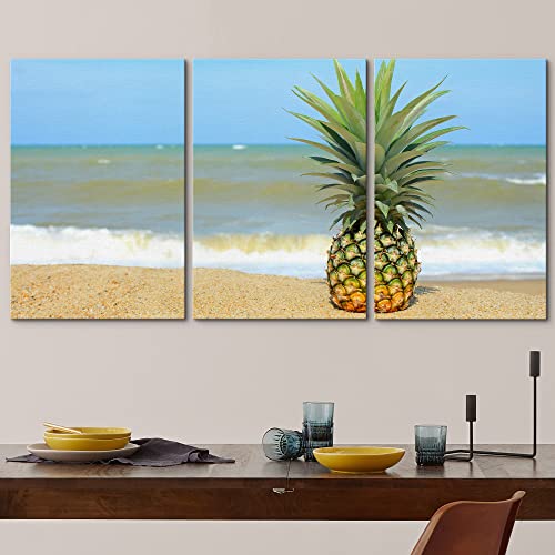 Wall26 - 3 Piece Canvas Wall Art - Pineapple On The Beach With Blue Sky - Modern Home Art Stretched And Framed Ready To Hang - 16"X24"X3 Panels #TOP2