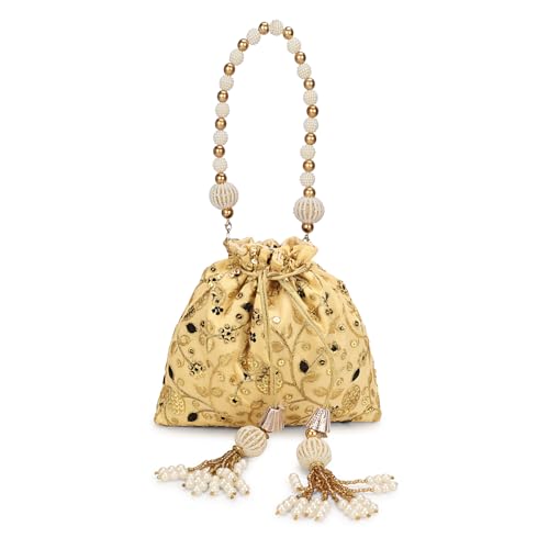 Image of LONGING TO BUY Indian Embroidered Pearl Potli Bag For Women, Sequence Design with Tassel, Wedding Potli Bags
