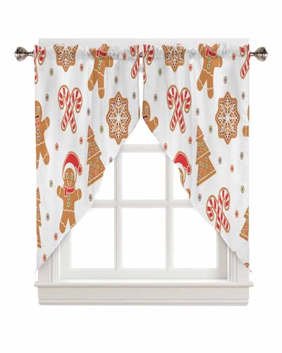 YOKOU Swag Curtains, Christmas Gingerbread Man Winter Kitchen Curtains Valance Tiers for Small Window Bedroom Bathroom, Rod Pocket 2 Panel, 36