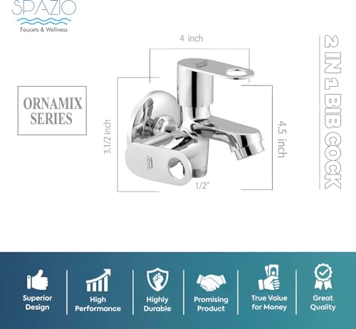 Image of Spazio ORNAMIX Series Brass 2 Way Bib Cock | 2 in 1 Tap (Pack of 1) for Bathroom & Kitchen Chrome Finish Silver Plated Twin Elbow Valve Faucet (Wall Mount Installation Type)