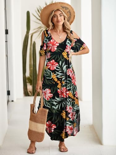 Image of BELAROI Womens Cold Shoulder Maxi Dress Plus Size V Neck Summer Sundresses with Pockets Beach Coverup Vacation Outfits