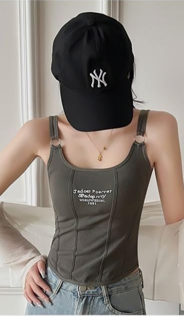 Image of Celary Women's Ribbed Adjustable Strap Camisole Padded ||Soft Stretch Cotton Tank Top Trendy Sleeveless Top for Girls & Women||J'Adore Forever Embroidery||Casual Summer Wear