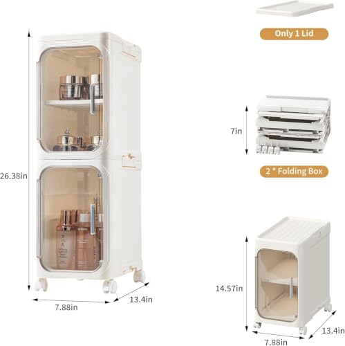 Image of 2-Tier Slim Narrow Bathroom Storage Cabinet, Cream White | Tool Free Assembly, Adjustable shelves, Fits for Narrow Spaces, Lockable Wheels, Magnetic Clear Door