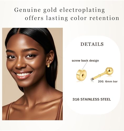 Gold Flat Back Stud Earrings for Women Hypoallergenic Surgical Stainless Steel Flatback Stud Earring Set2