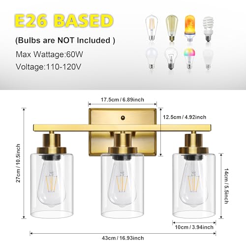 Image of Ascher Bathroom Vanity Light Fixtures, 3 Light Wall Sconces Lighting with Clear Glass Shade, Gold Wall Lights for Mirror, Kitchen, Living Room, Gallery, E26 Base (Bulbs Not Included)