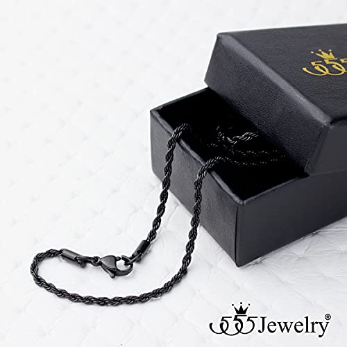 555Jewelry Stainless Steel Black Necklace For Men | Black Necklaces For Women | Classic Twisted Black Rope Necklace For Women | Singapore Chain Link Jewelry | Black 22 Inches #TOP2