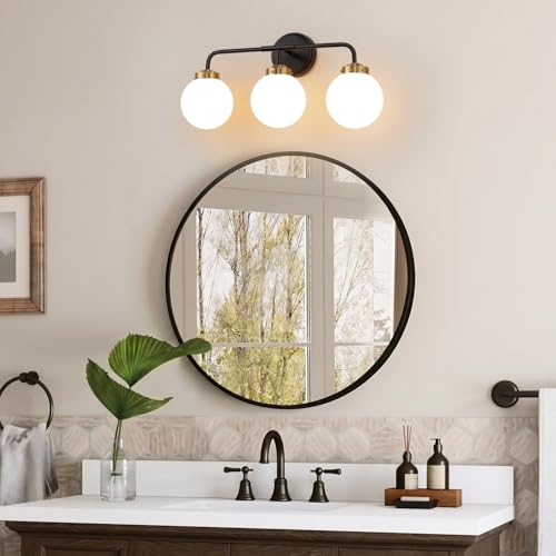 Modern Black and Gold Vanity Lights for Bathroom, Mid Century 3 Light Bathroom Vanity Light with Globe Milky White Glass Shade Over Mirror, Black and Gold Wall Sconce for Bathroom Hallway Living Room by LKIKOS - Used condition - Image 4