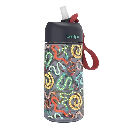 Bentgo Kids Water Bottle - Leak-Proof, Durable Tritan PFAS- & BPA-Free 15 fl oz, Kids/Toddlers Ages 3+ for School & Sports; Bite & Sip Spout, Carrying Handle, Dishwasher Safe (NEW Sssnakes)