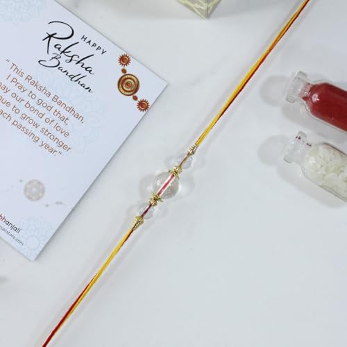 Image of Shubhanjali Crystal Beads Rakhi for Brother | Handmade Healing Crystal Stone Designer Rakhi for Bhaiya | Raksha Bandhan Gift Set with Roli Chawal, Kumkum, Greeting Card & Potli