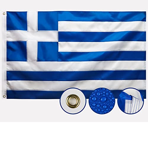 Double Sided Greece Flag 3x5 Ft Outdoor Greek Flags Heavy Duty 210D Nylon Sewn Stripes Stronger Brass Grommets 4 Stitched Hemming Perfect for Outside