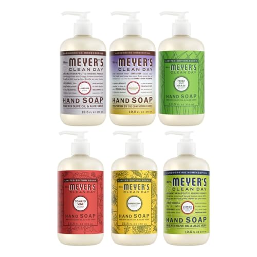 Image of Mrs. MEYER'S CLEAN DAY Liquid Hand Soap 6 Pack Variety, Tomato Vine, Dandelion, Fresh Cut Grass, Lemon Verbena, Lavender, Compassion Flower, 12.5 OZ Each, 1 CT