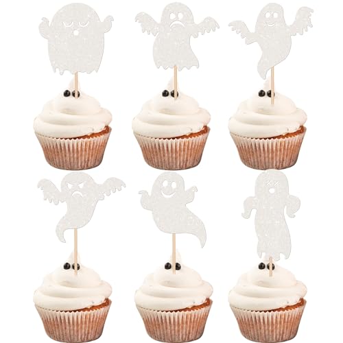 Rsstarxi 30 Halloween Ghost Cupcake Toppers Glitter White Spooky Cupcake Picks Baby Shower Cake Decorations for Ghost Theme Birthday Party