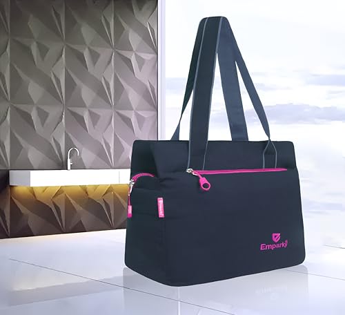 Image of Women Bag, Black with Turquoise Accents, Tote Bag with Multiple Zipper Pockets