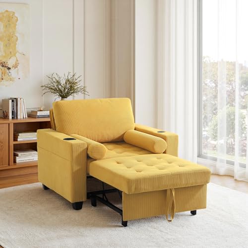Image of 3-in-1 Sleeper Chair Pull Out Sofa Bed, Convertible Reclining Seat Upholstered Armchair, Adjustable Backrest Recliner Chair with Side Pockets, Cup Holder & USB Ports - Yellow