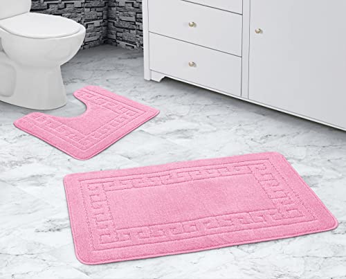 La Maison Lot de 2 tapis de salle de bain antidérapants et tapis contour WC à séchage rapide - Motif clé grecque - Rose