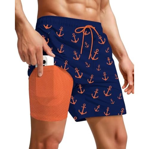 Yufawow 7 Inch Men Swim Trunks with Compression Breathable Liner Quick Dry Zipper Pockets for Pool Board Beach Cruise